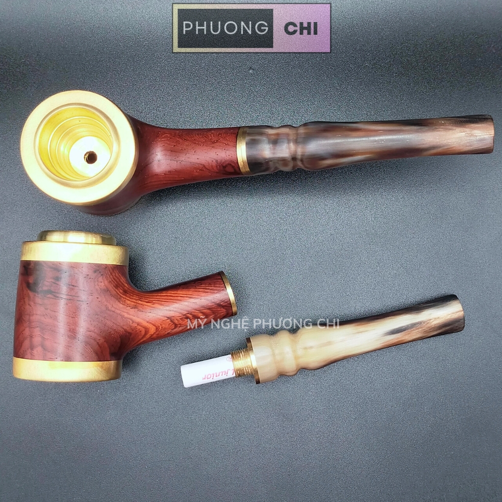 Tẩu Bắt Tóp Xì_Gà bằng sừng nối gỗ trắc đầu đồng cao cấp có 4 vòng ring 42-60 | Mỹ Nghệ Phương Chi