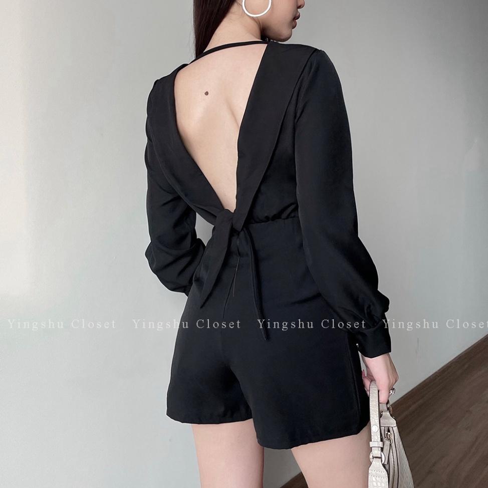 Jumpsuit đùi ngắn hở lưng cotton tay dài đen cổ V ivy.fashion đi biển dự tiệc dạo phố bigsize gợi cảm sexy