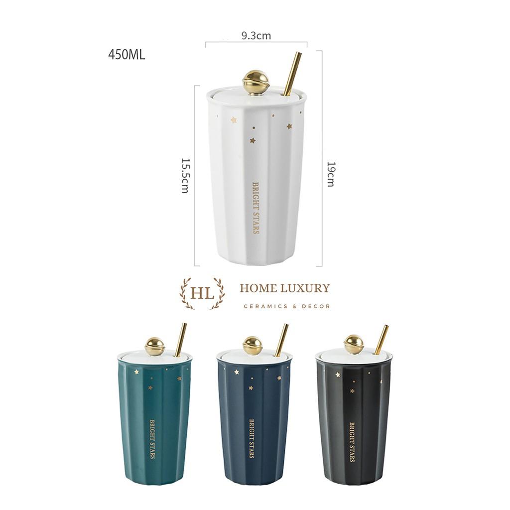 Ca sứ kèm ống hút inox vàng kim | Cốc Hot Trend 2022 | Ly 2 lớp có nắp đậy kèm ống hút Size To nắp sứ có doăng Doremon