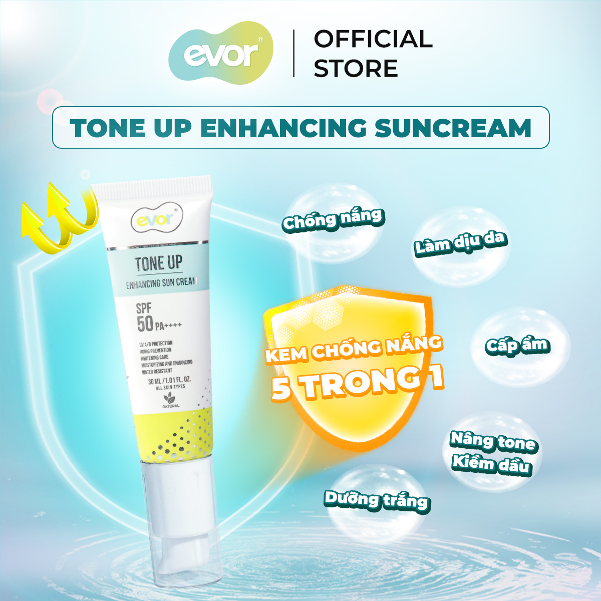 Kem chống nắng nâng tone makeup trẻ hoá dưỡng trắng - Tone Up Enhancing Sun Cream 30ml | EVOR