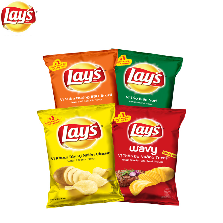 Combo 4 Snack Khoai Tây Lay's Mix vị 95g: Tự nhiên Classic, Tảo Biển Nori, Sườn Nướng BBQ và Thăn bò nướng Texas