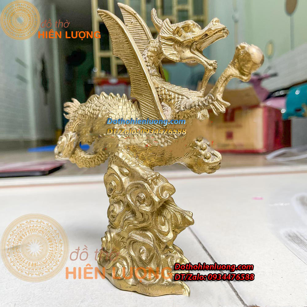 Tượng Rồng Cánh Bay Bệ Mây Màu Vàng Bằng Đồng Kích Thước 20x5x20cm, Nặng 0,9kg - Đồ Thờ Hiên Lượng