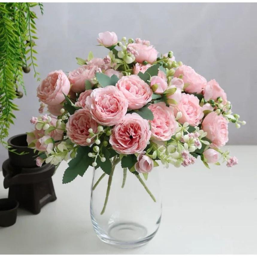 Bó hoa hồng Juliet lụa cao cấp 5 bông 4 nụ kèm quả điểm trang trí phòng khách, cửa hàng siêu đẹp Flowermini HH-504