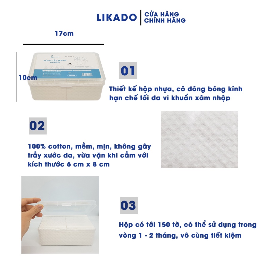 Bông tẩy trang Likado dạng hộp 150 miếng bông tự nhiên (6cm x 8cm)(1 hộp)