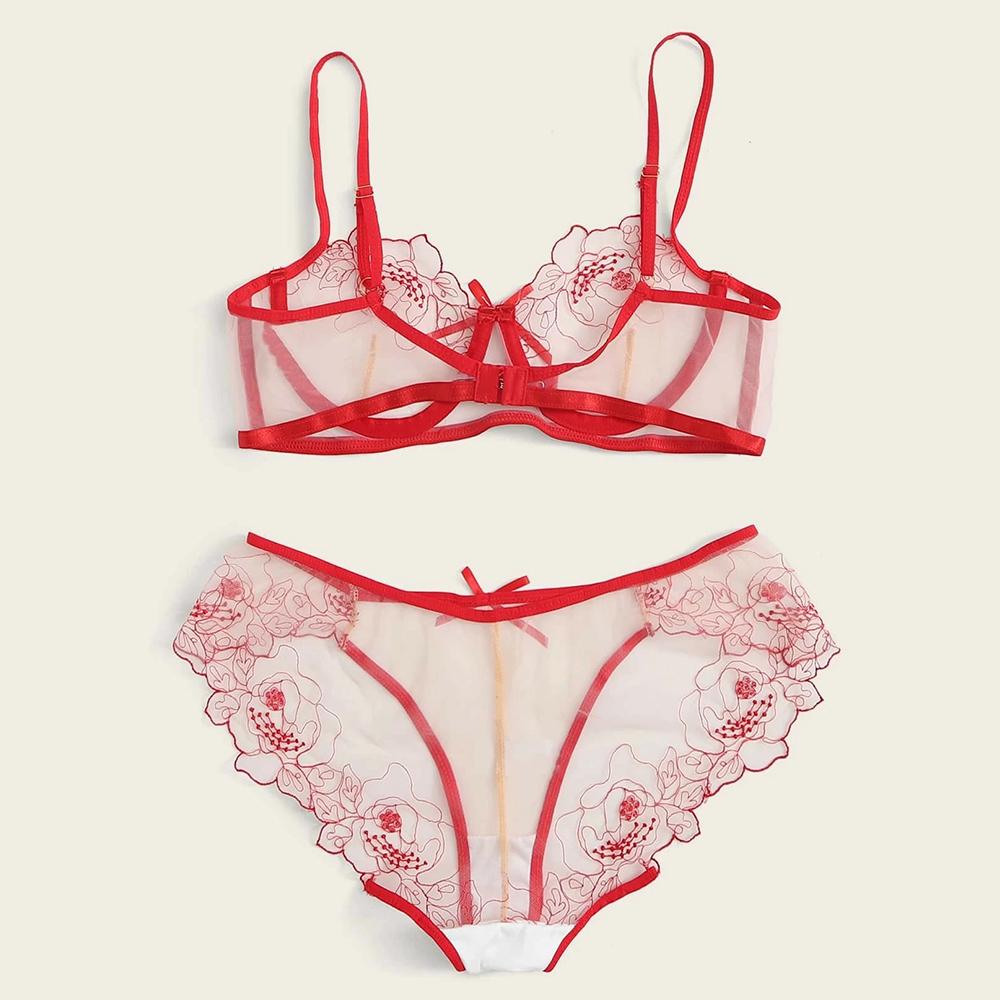 Áo Ngực Sexy Bộ Thêu Hoa Quan Điểm Ren Lưới Quá Khổ Bộ Đồ Lót Nữ Bralette Trong Suốt Áo Ngực Quần Bộ