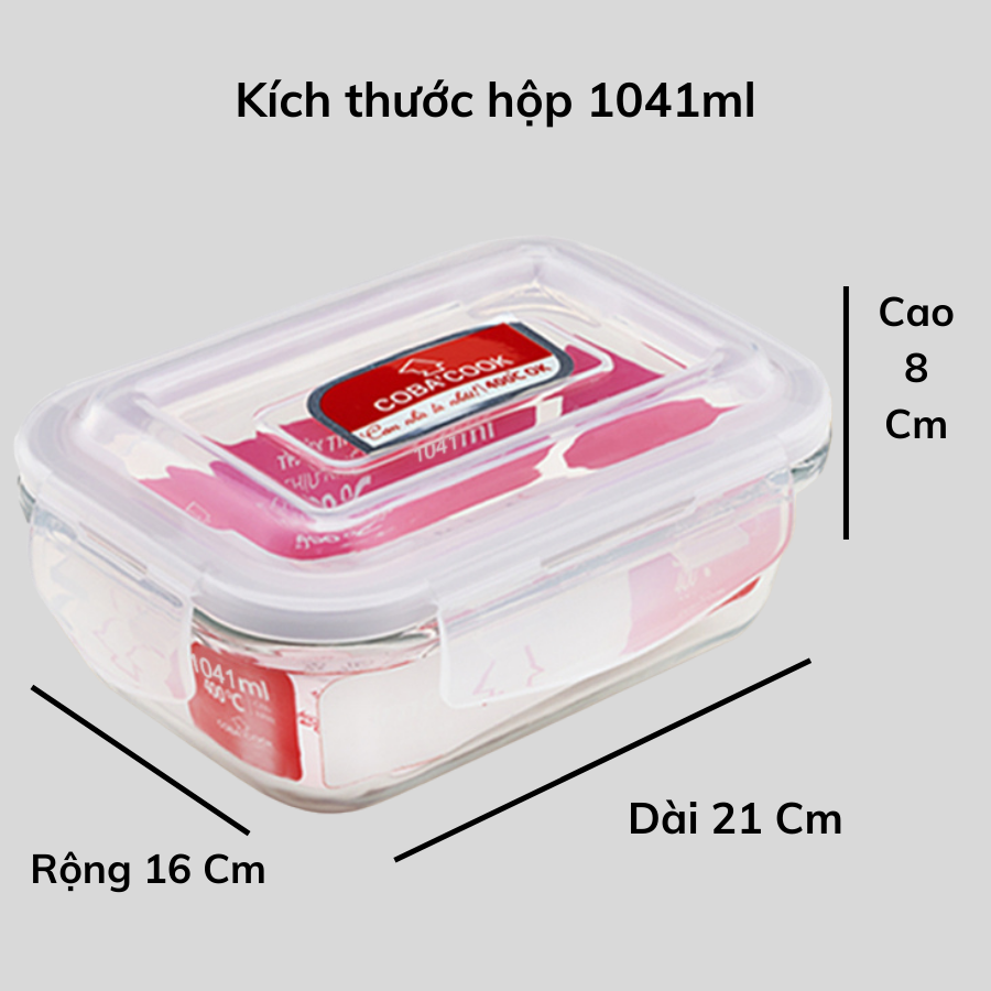 Bộ 3 hộp đựng cơm trữ thức ăn thực phẩm thủy tinh chịu nhiệt COBACOOK hộp chữ nhật- CCL3L6L13