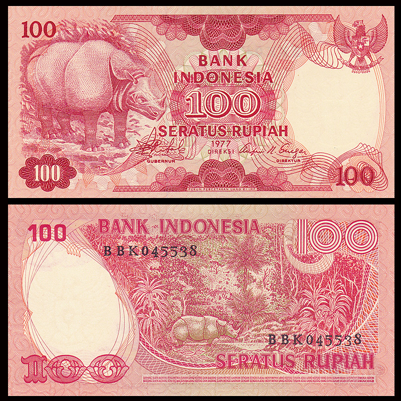 Tiền con tê giác 100 Rupiah 1977 của Indonesia , Mới 100% UNC - tiền Đông Nam Á