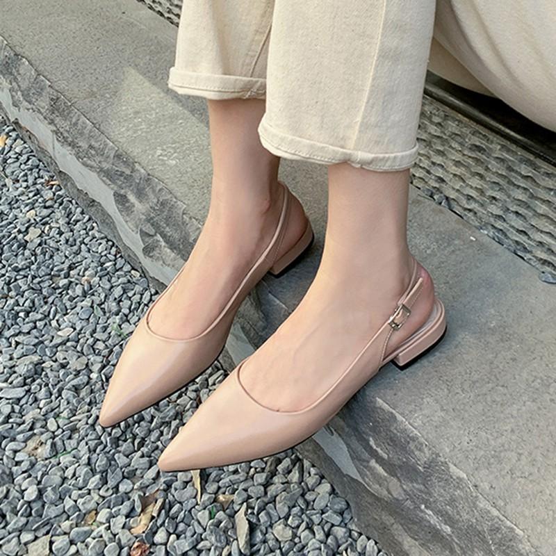 Giày cao gót thời trang mũi nhọn phối dây hở gót cao 2cm màu kem