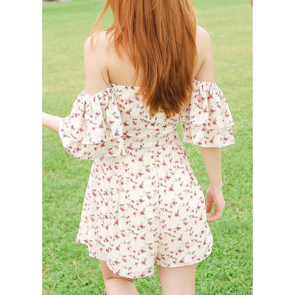 Jumpsuit mùa hè hoa nhí trễ vai bẹt vai tay rời giá rẻ mặc được 3 kiểu có lớp lót mát