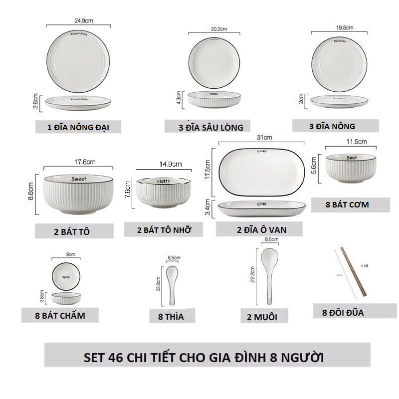 Set trắng vân sọc 46 chi tiết phong cách Bắc Âu cho 8 người