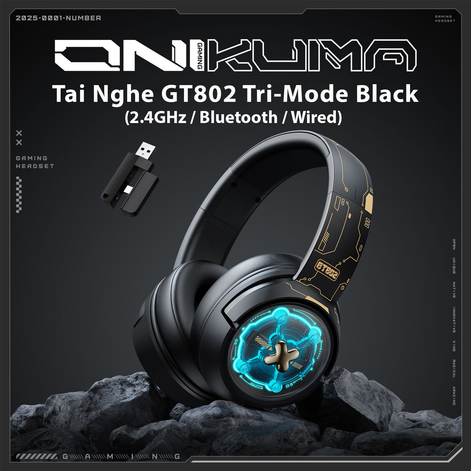 Tai Nghe ONIKUMA GT802 (2.4G+Bluetooth+Wired) Tri-Mode Black - Hàng Chính Hãng