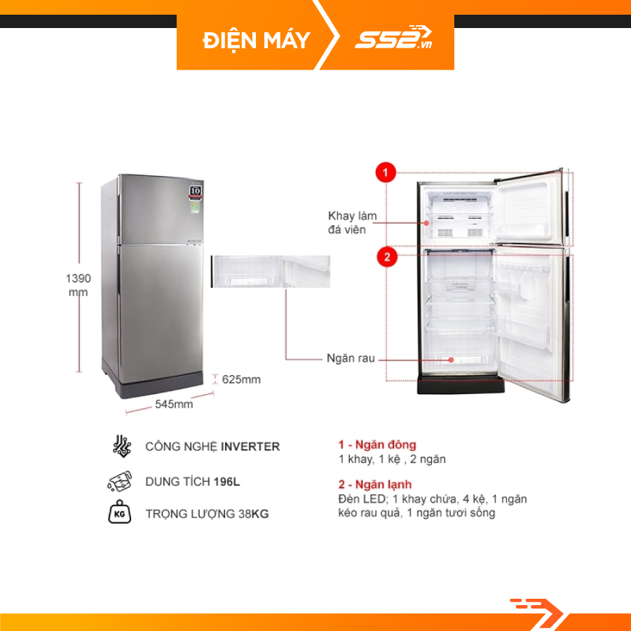 Tủ lạnh Sharp Inverter 196 Lít SJ-X201E-SL- Hàng chính hãng- Giao toàn quốc