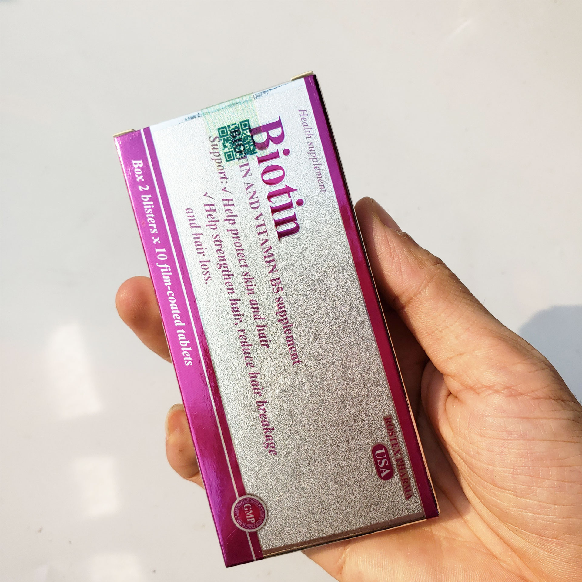 Viên uống bổ sung Biotin, Vitamin B5 Rostex giúp tóc chắc khỏe, giảm gãy rụng tóc, bảo vệ da tóc - Hộp 20 viên