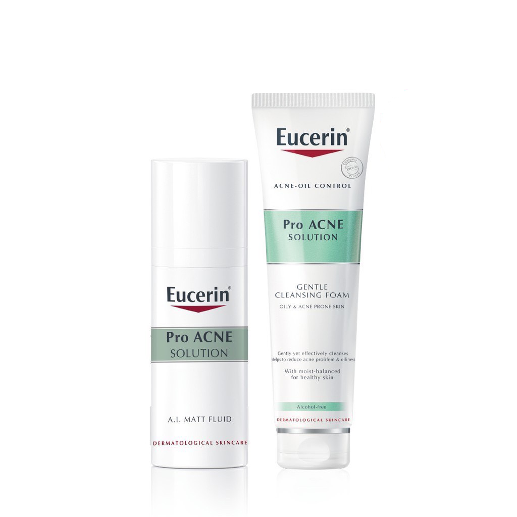 Combo Kem Dưỡng Giảm Mụn Eucerin ProAcne A.I Matt Fluid 50ml Và Sữa Rửa Mặt Tạo Bọt Cho Da Mụn Eucerin Pro Acne Solution Gentle Cleansing Foam 150g