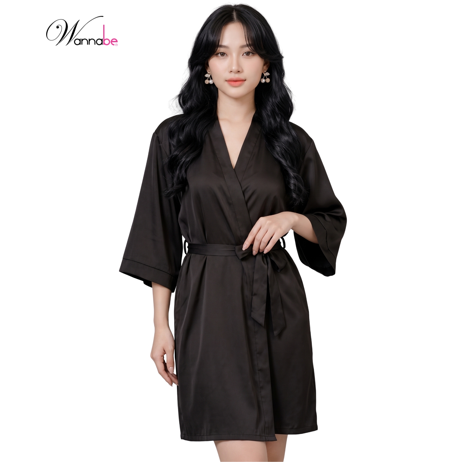 Áo choàng ngủ WANNABE KI010 áo khoác ngủ kimono dạng cơ bản trơn đơn giản dễ mặc sang trọng - Đen