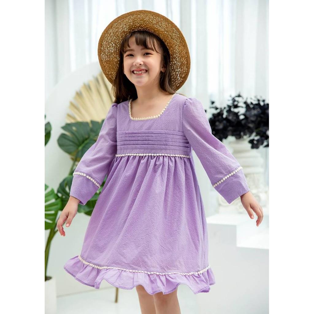 Váy bé gái BYZU, chất cotton mềm mại, cổ vuông tay bồng màu tím pastel