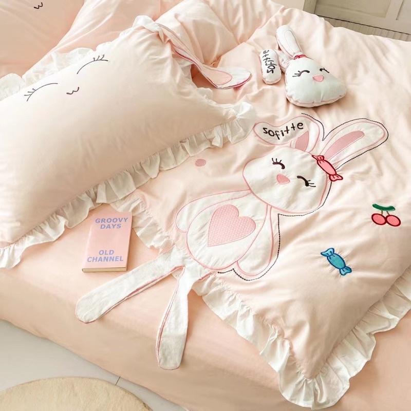 Bộ Chăn Ga Gối Cotton Linen Disney Hàng Nhập Khẩu Cao Cấp 5 Món Thỏ Hồng