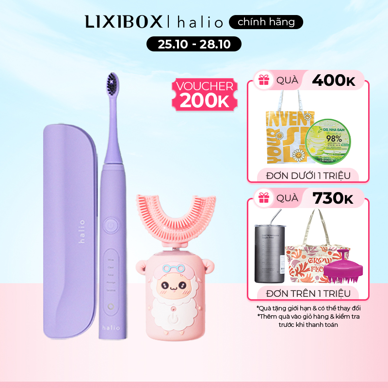 Combo Bàn Chải Đánh Răng Điện Chữ U Cho Bé Pink và Bàn chải điện Halio Periwinkle