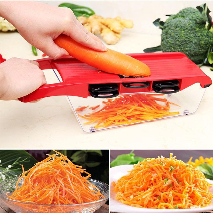 Bộ dụng cụ hộp đồ có nắp tích hợp dao cắt thái gọt nạo bào sợi rau củ quả kiểu hạt lựu đa năng tiện lợi (ĐỎ)