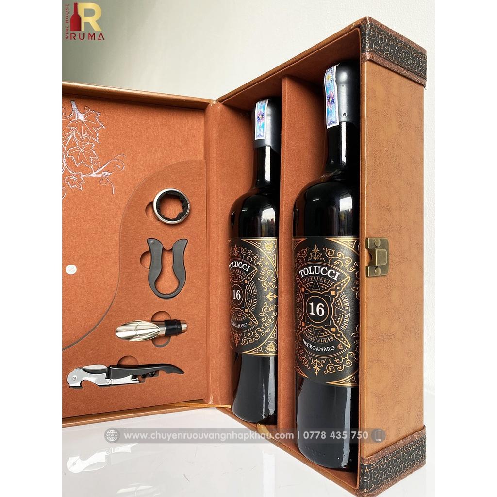 Set quà tặng rượu vang Ý Tolucci 16 - Hộp da PU hoạ tiết chùm nho cao cấp kèm phụ kiện