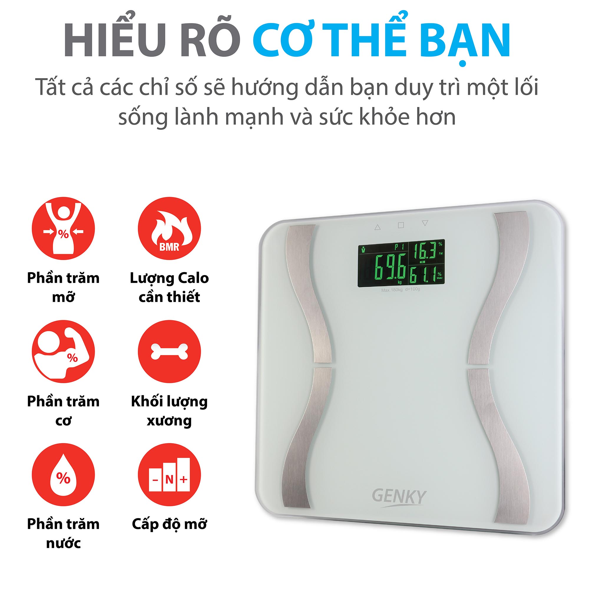 Cân sức khỏe điện tử thông minh Genky - phân tích cơ thể, theo dõi mỡ, cơ, nước, xương, calo, màn hình siêu rộng