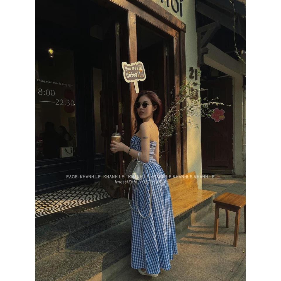 ĐẦM ĐI CHƠI, ĐẦM CÚP NGỰC MAXI CARO DÁNG XÒE CỰC XINH IU