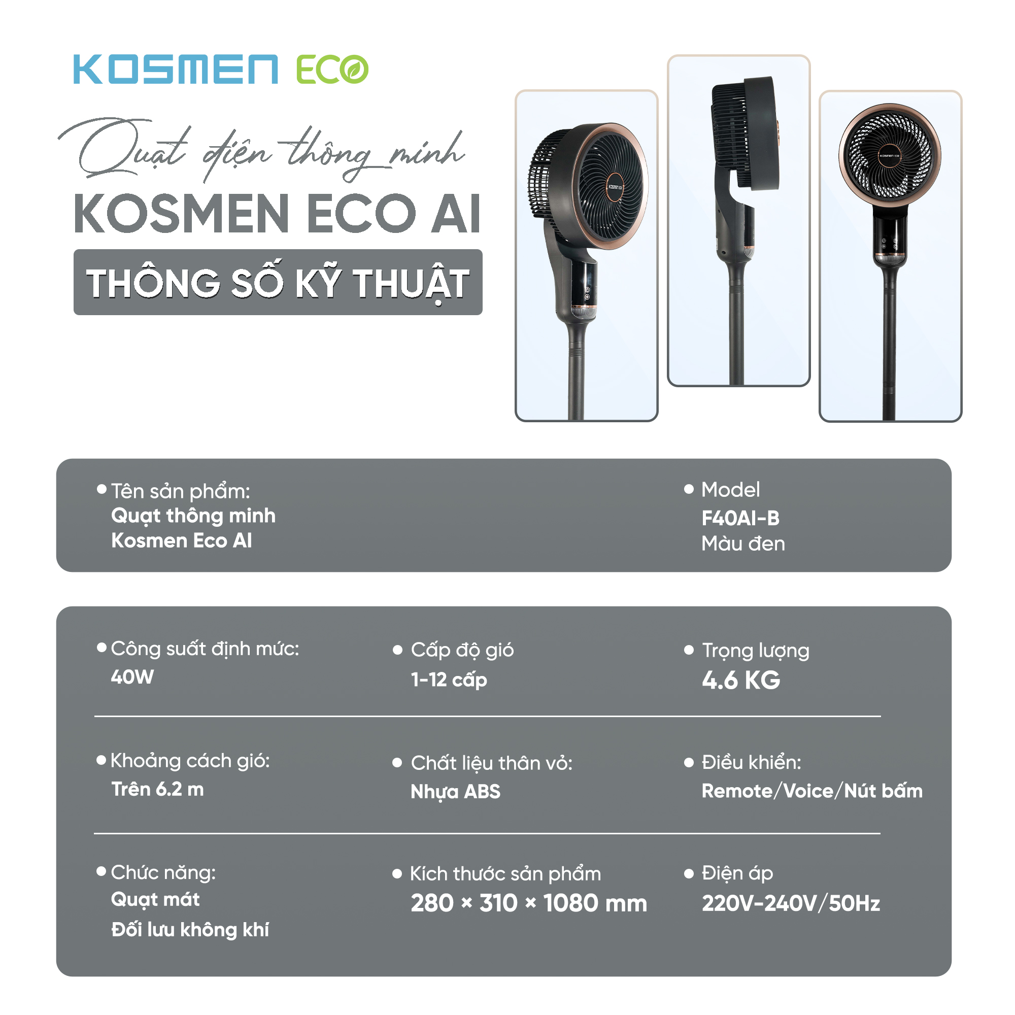 Quạt thông minh Kosmen ECO-F40AI-B AI điều khiển bằng giọng nói – Màu Đen - Hàng Chính Hãng, Bảo Hành 1 Năm
