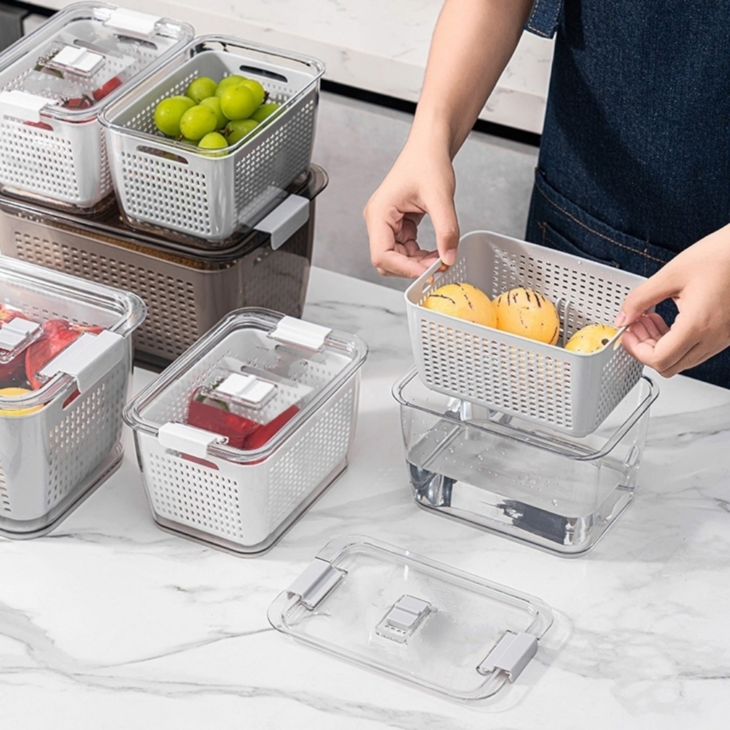 Combo Hộp Nhựa Đựng Thực Phẩm, Hộp Bảo Quản Thực Phẩm Tủ Lạnh 2 lớp Trong Suốt, Giúp Ráo Nước Bảo Quản Tiện Lợi