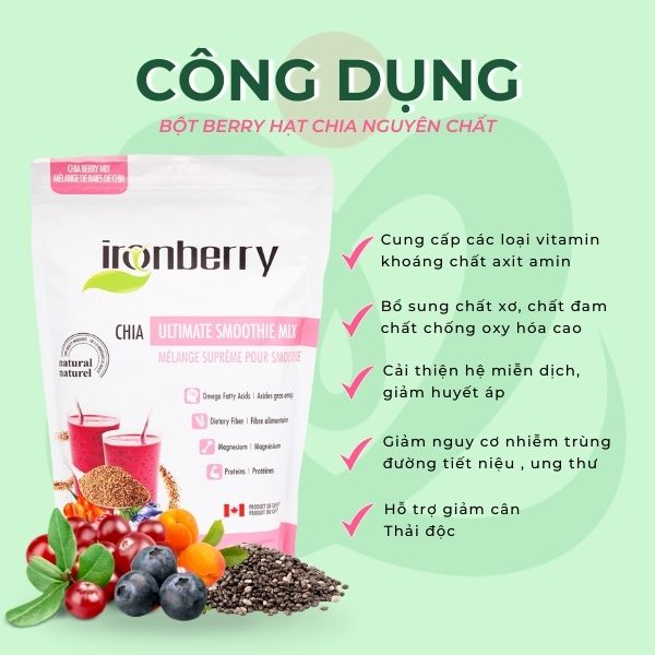 Bột hỗn hợp berry và hạt chia nguyên chất IRONBERRY thực phẩm thuần chay Không GMO, Không Gluten, Ăn kiêng Ko