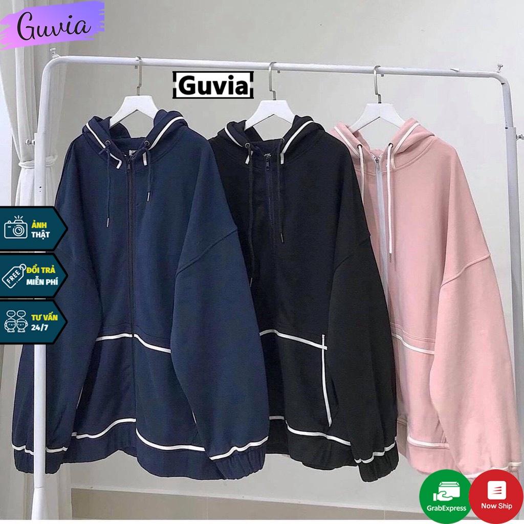 Hình ảnh Áo khoác nỉ Hoodie Dây Kéo KẺ VIỀN TÚI Ulzzang form rộng Unisex