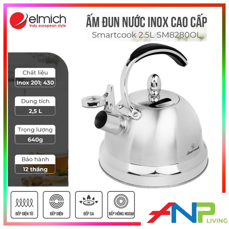 Ấm Đun Nước Siêu Tốc Dùng Cho Bếp Từ Elmich Smartcook SM8280OL (Chất Liệu inox 304 - Dung Tích 2,5L - Có Còi Báo Khi Nước Sôi) - Hàng Chính Hãng