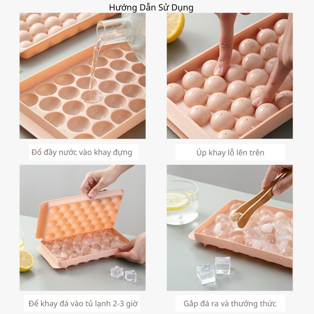 Khay Đá Bi Tròn Tủ Lạnh 33 Viên Có Nắp Đậy Khuôn Làm Thạch Rau Câu Bi Đá Viên Tròn 33 Ô Giao Màu Ngẫu Nhiên