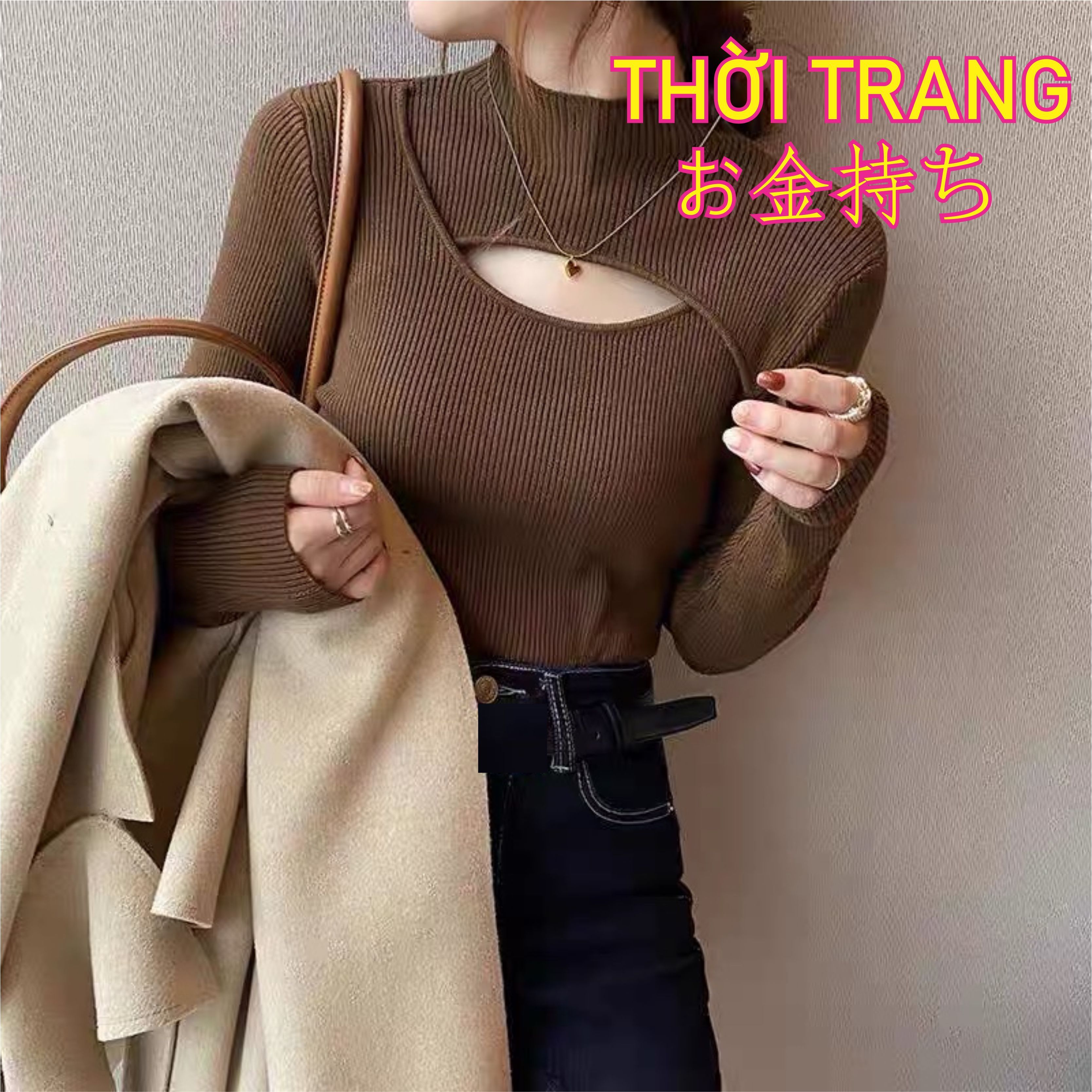 Áo len mỏng dài tay khoét ngực nữ tính cổ cao 3 phân 503