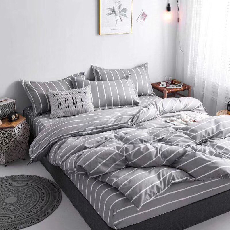 Bộ Chăn Ga Gối Cottong Poly - KẺ XÁM