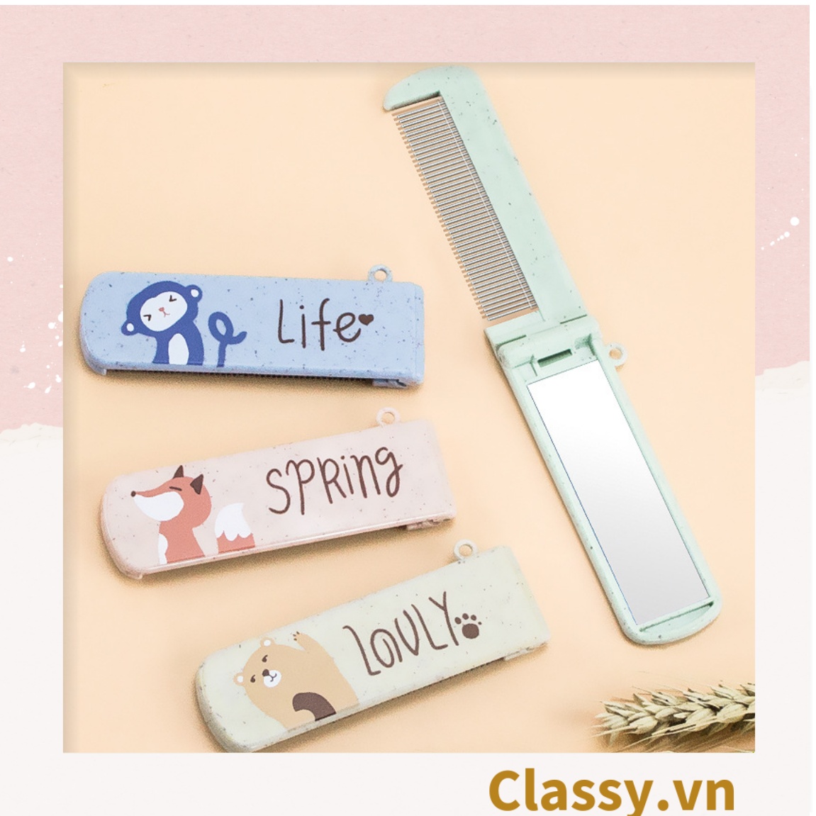 Lược Mini  Classy kèm gương có thể gấp lại, gọn nhẹ, tiện dụng, xinh xắn họa tiết động vật PK951