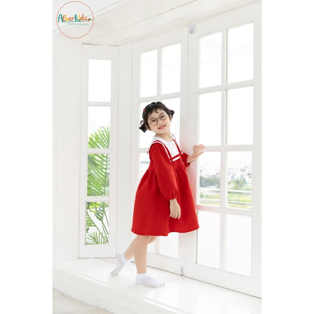 Váy bé gái ALBERKIDS tay dài đỏ nhung tăm phối cổ trắng xinh đẹp cho trẻ em gái từ 2,3,4,5,6,7,8,9,10,11,12 tuổi [V35