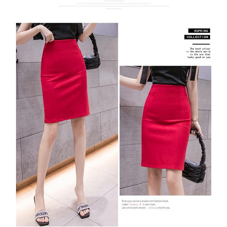 Chân Váy Công Sở Bút Chì Dài Tới Gối Màu Đỏ CHIPY From Ôm Lưng Thun Cạp Cao Cá Tính Kiểu Vintage, Ulzzang Đẹp MCV222