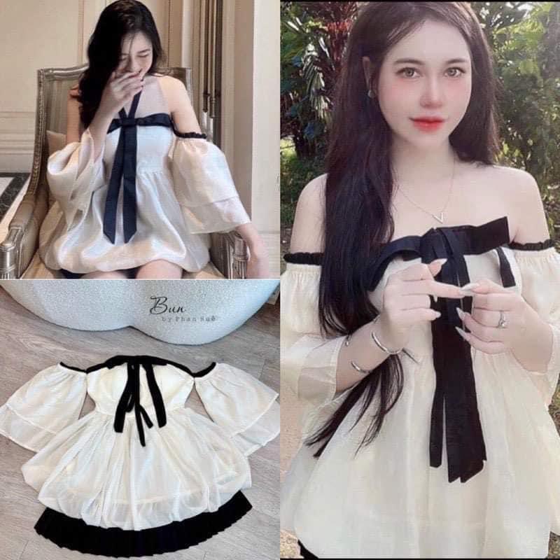 Set váy nữ sang chảnh phối áo trễ vai babydoll thắt nơ cực điệu + chân váy xòe xếp ly dáng ngắn lưng cao A01 - Be