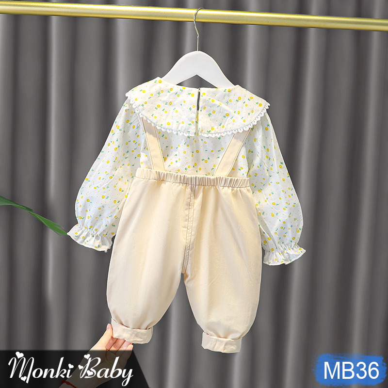 Bộ đồ bé gái áo sơ mi dài tay cùng quần yếm điệu đà xinh xắn, mẫu thu đông phong cách Hàn Quốc, chất dày đẹp | MB36