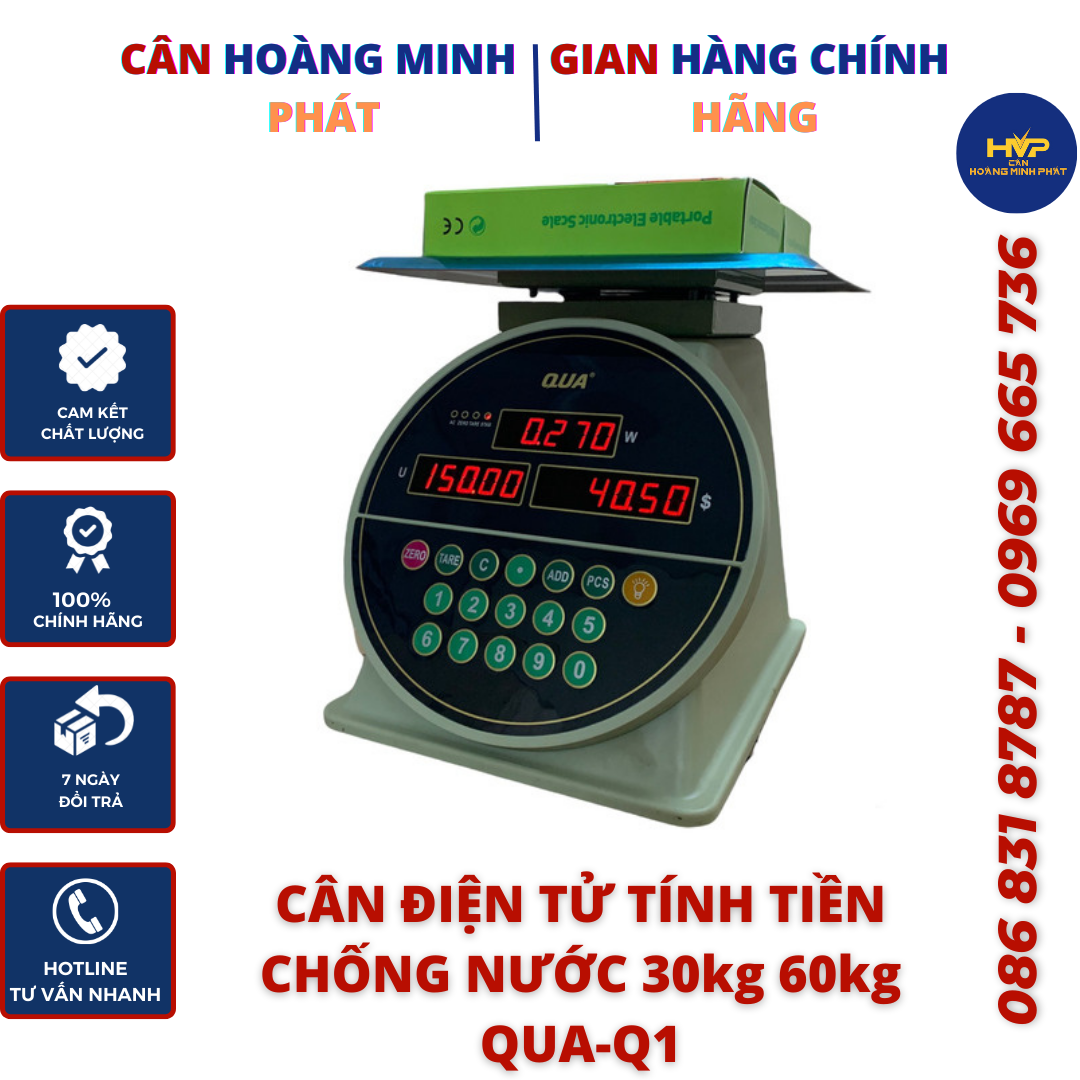 Cân Bán Hàng Tính Tiền 30kg - 60kg QUA Q1 Chống Nước (Cân điện tử tính tiền tự động - tích điện) - Bảo hành 24 Tháng [ CÂN-HOÀNG-MINH-PHÁT ]