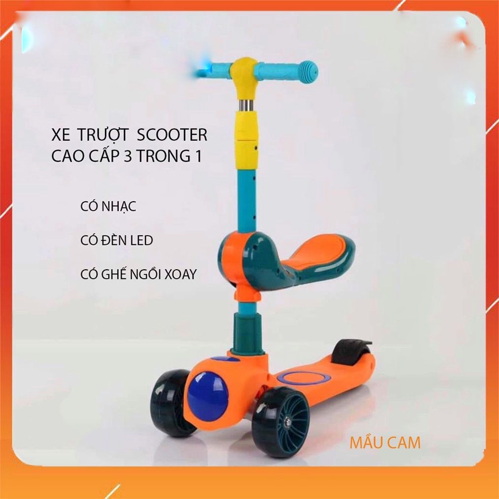 Xe Trượt Scooter Có Nhạc - Đèn - Ghế Gấp Gọn 3in1