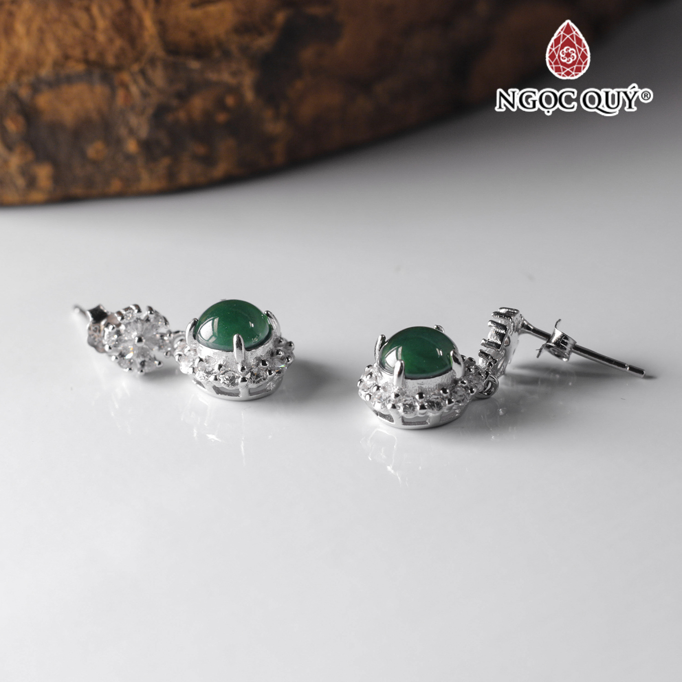 Bông tai bạc đính hạt đá phỉ thúy type A mệnh hỏa , mộc - Ngọc Quý Gemstones