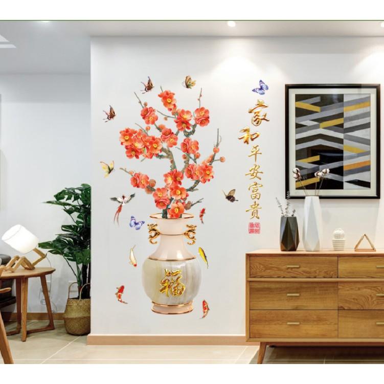 Decal trang trí tường - Chậu hoa Đỏ cùng bướm 3D nổi bật