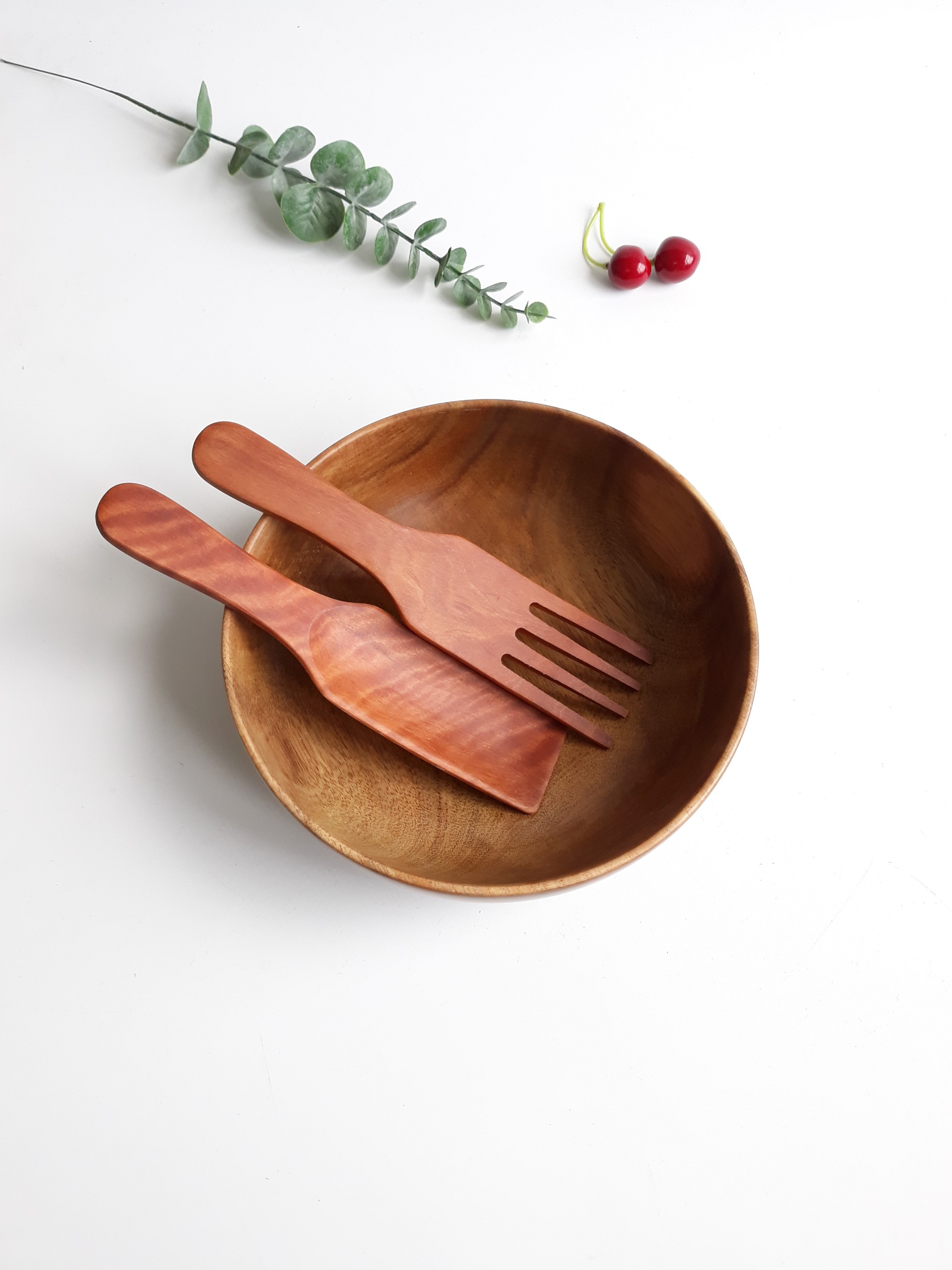 Bộ Bát Gỗ Thìa Salad Bằng Gỗ Keo Tự Nhiên Nguyên Khối