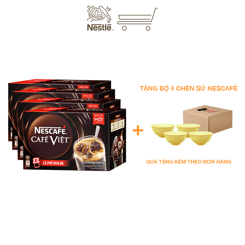 [Tặng bộ 4 chén sứ] Combo 4 hộp cà phê hòa tan Nescafé café Việt đen đá (Hộp 15 gói x 16g)