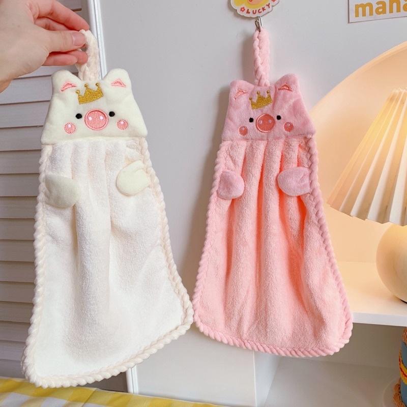 Khăn lau tay nhà bếp có quai treo thêu hoạ tiết HÌNH HEO siêu mềm mại và thấm hút tốt - Khăn lau tay treo tường hình heo