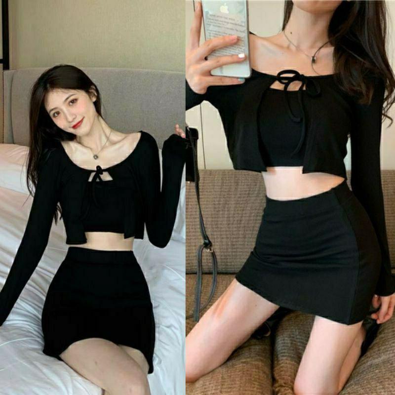 Set trắng kem xanh khoác ngoài cột dây + Áo croptop ngắn + Chân váy