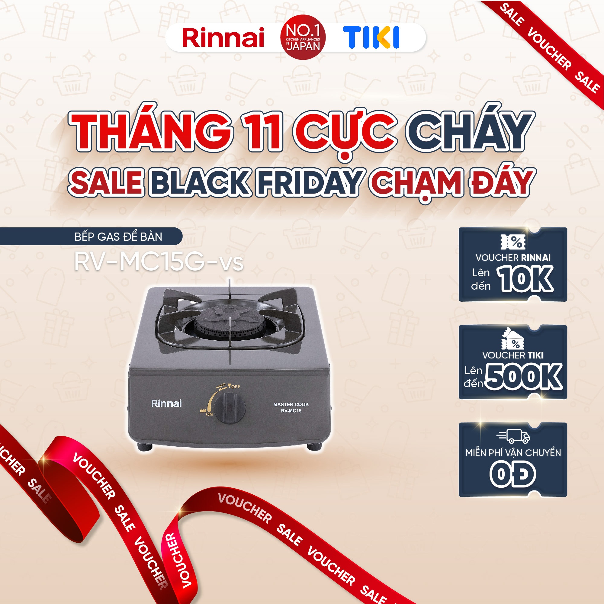 Bếp gas dương Rinnai RV-MC15G mặt bếp men và kiềng bếp men - Hàng chính hãng