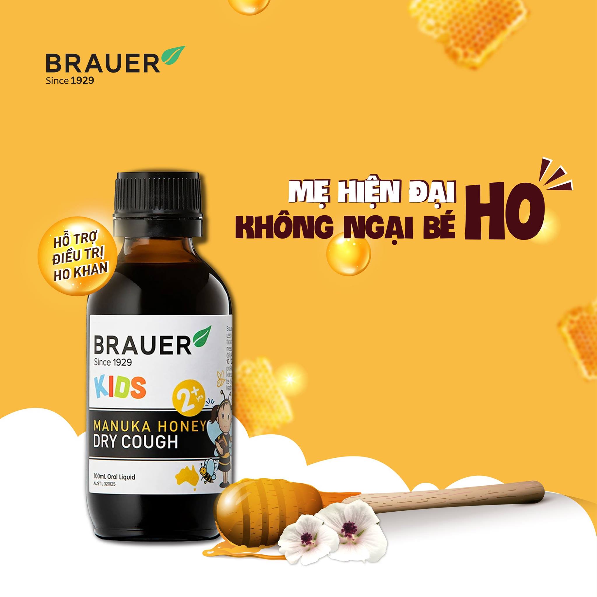 Siro Brauer Manuka Honey Dry Cough giảm ho khan và đau rát họng ở trẻ em (100ml)