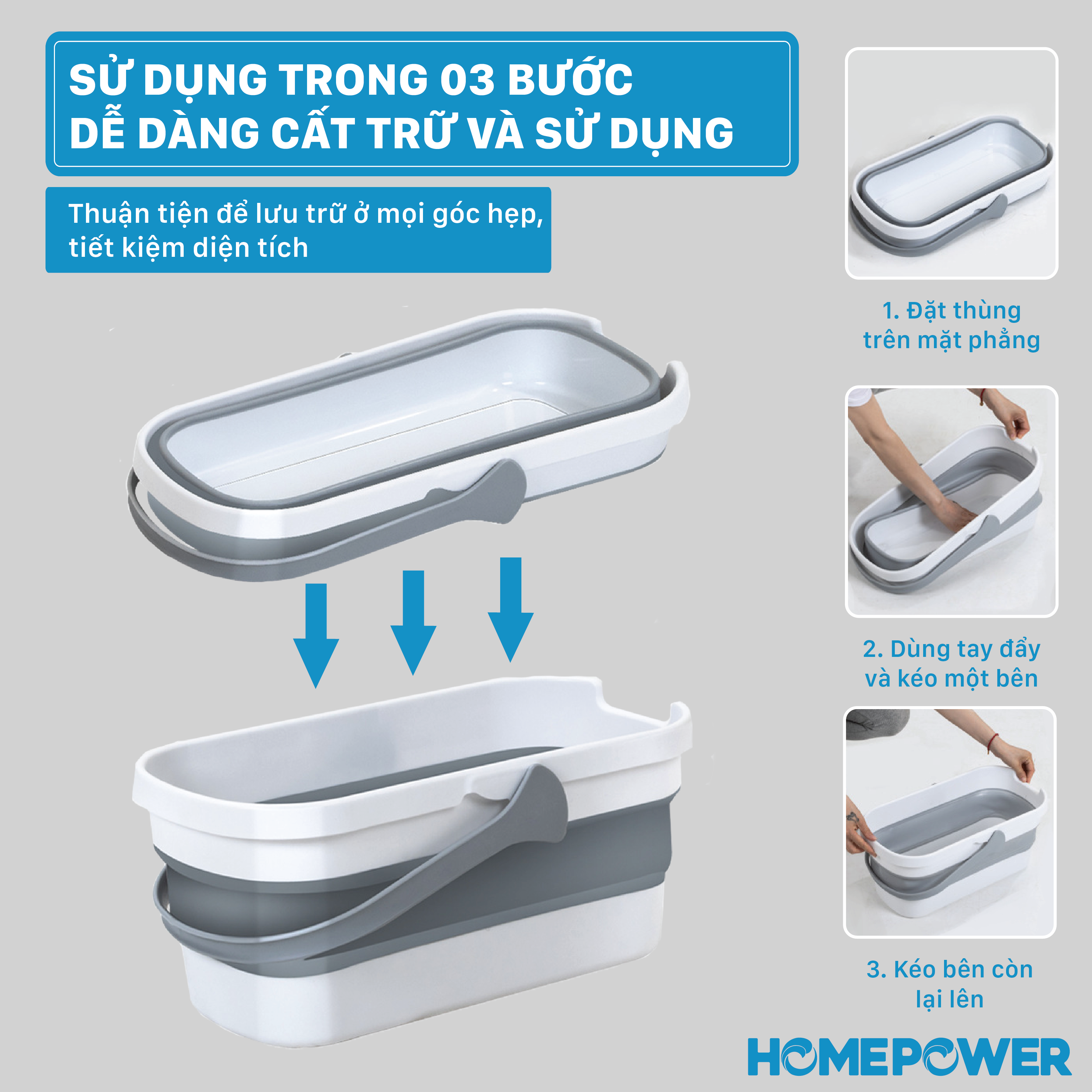 Xô nước gấp gọn Homepower rửa xe,lau nhà đa năng, dày dặn cỡ lớn 14Lit